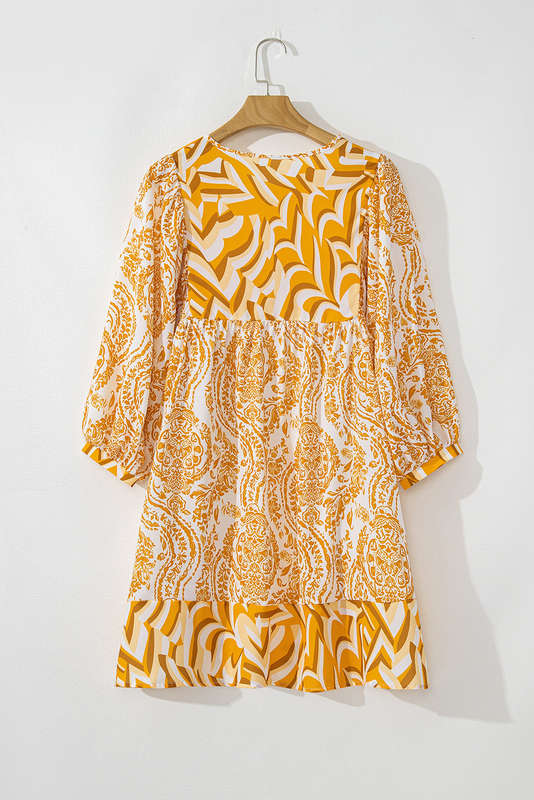 Orange Bohemian Print Puff Sleeve Tied V Neck Flared Mini Dress