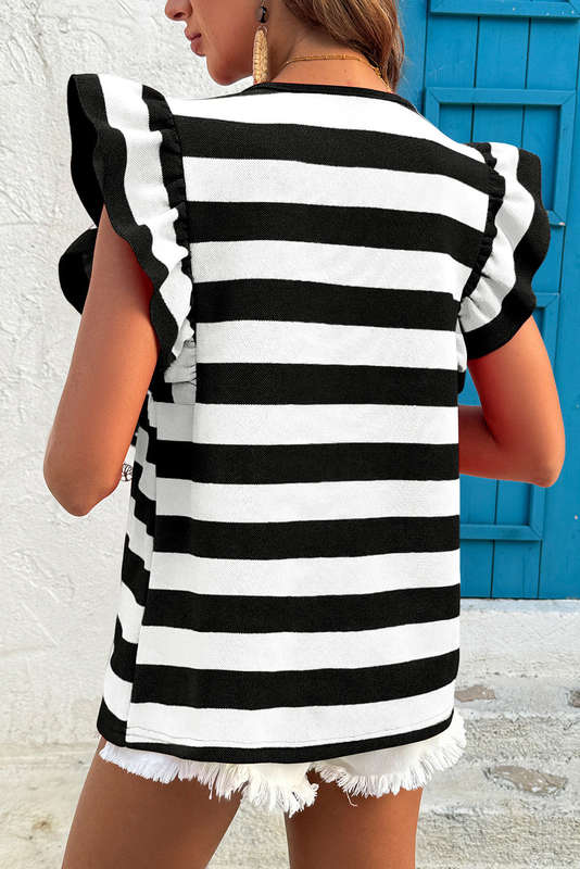 Black Stripe Flutter Sleeve Round Neck T Shirt