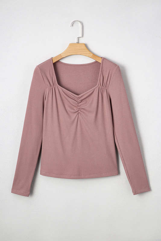 Old Rose Gathered Bust Square Neck Ribbed Fit Long Sleeve Top