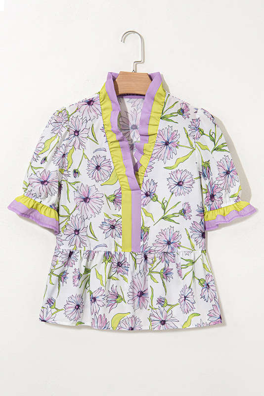 Purple Floral Print Striped Detail Split Neck Flounce Short Sleeve Peplum Blouse