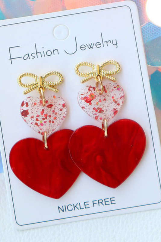 Fiery Red Bow Knot Heart Shape Dangle Earrings