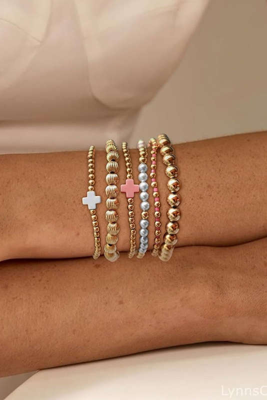 Gold Plated Beading Pearl Cross Decor Multilayer Bracelet