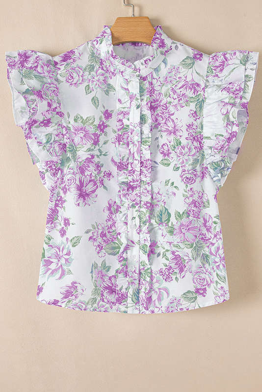 Purple Floral Print Ruffle Sleeve Frilly Button Up Shirt