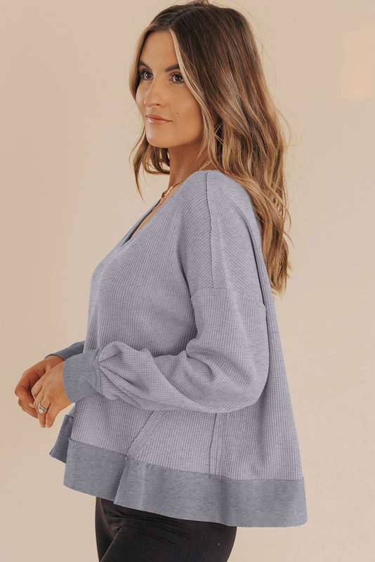 Gray Waffle Knit Notched V Neck Drop Shoulder Solid Sweatshirt
