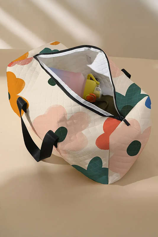 White Flower Print Quilted Large Duffel Bag