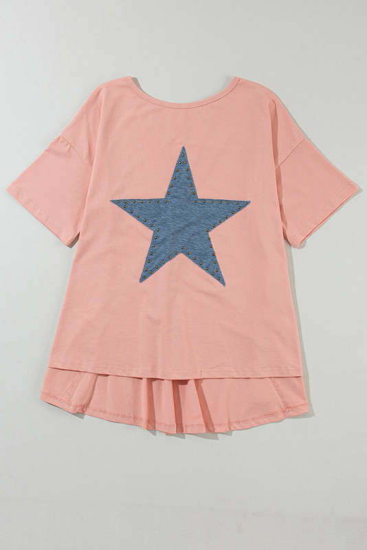 Apricot Pink Mineral Wash Studded Star Patch Graphic High Low Tee