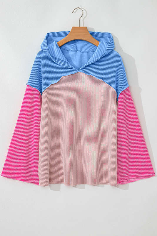 Pink Color Block Patchwork Corded Knit Loose Fit Hooded Blouse