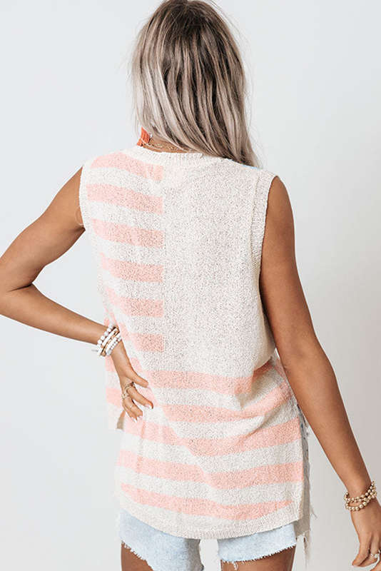 Beige USA Flag Notched Neckline Loose Sweater Vest