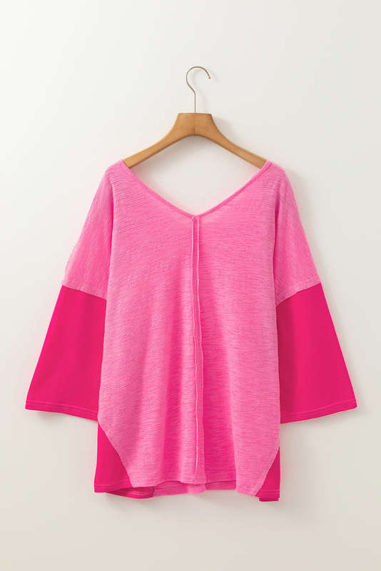 Sachet Pink Contrast Patchwork 3/4 Sleeve V Neck Loose Blouse