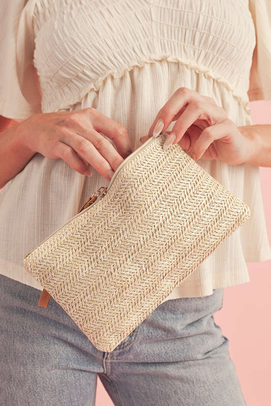 Oatmeal Straw Woven Wrist Strap Zipper Large Wallet