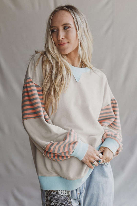Jet Stream Striped Colorblock Patchwork Drop Shoulder Sweatshirt