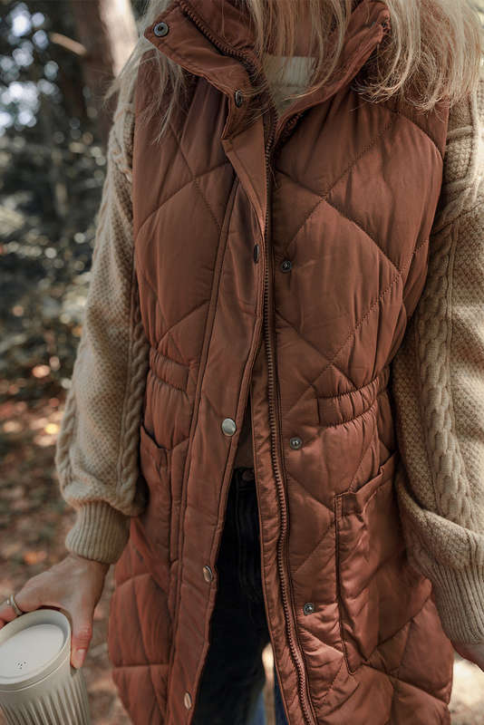 Coffee Longline Quilted Stand Collar Puffer Vest
