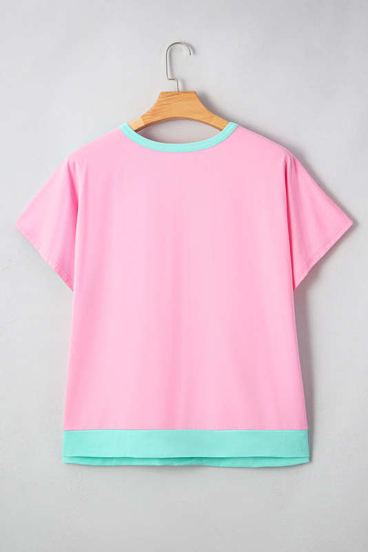 Mint Green Colorblock Patchwork Short Sleeve Buttons Plus Size Henley Top