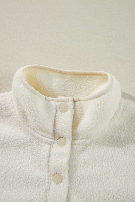 White Fleece Placket Turn-down Collar Drop Shoulder Sweatshirt