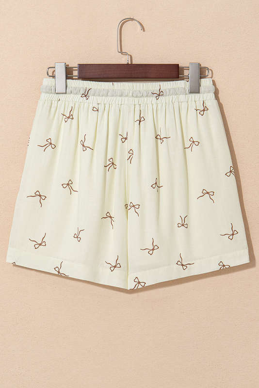 White Bow Print Lace Drawstring Elastic Waistband Casual Shorts