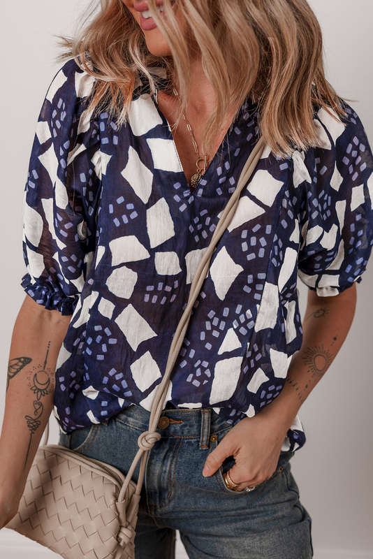 Blue Abstract Print Frilled Puff Sleeve V Neck Blouse