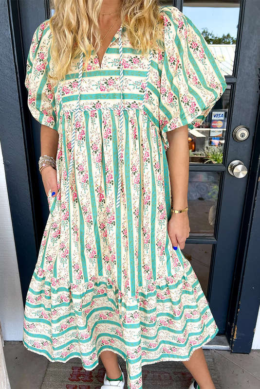 Multicolour Striped Floral Print Tie Split Neck Puff Sleeve Midi Dress