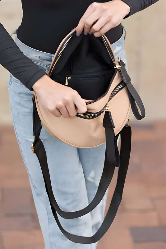 Parchment Double Zip Crescent Shape Adjustable Sling Bag