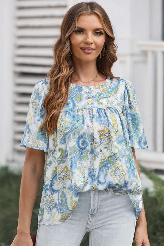 Blue V-Neck Knitted Summer Top with Exposed Seams