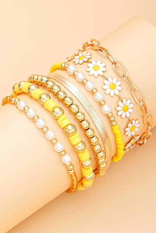 Gold Daisy Beaded Chain Adjustable Multi Layer Bracelet Set