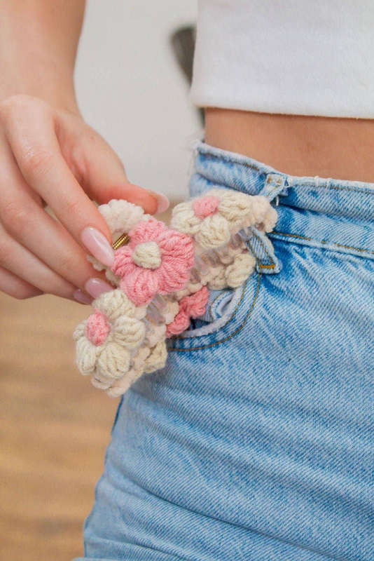 Pink Flower Crochet Cover Large Hair Claw Clip