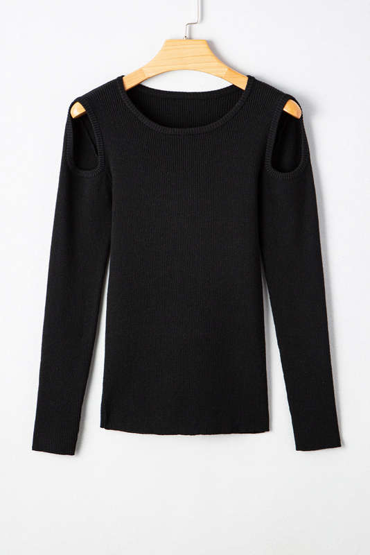 Black Ribbed Knit Cold Shoulder Sweater