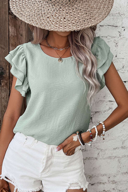 Clearly Aqua Solid Color Ruffled Short Sleeve Casual Blouse