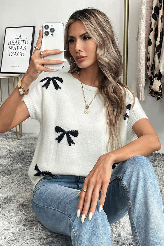 White Bow Pattern Knit Short Sleeve Sweater