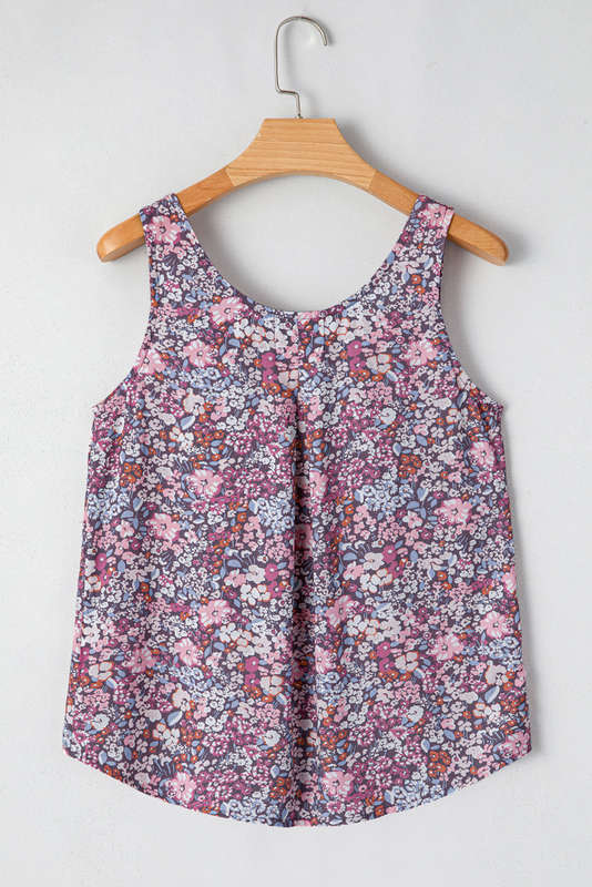 Yellow Boho Floral Pleated Buttoned Front Tank Top