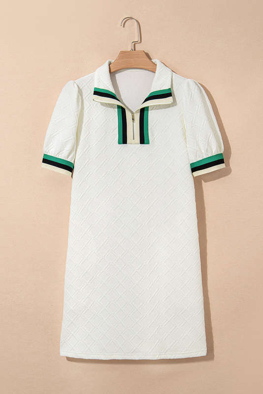 White Textured Jacquard Colorblock Edge Puff Sleeve Quarter Zip Mini Dress