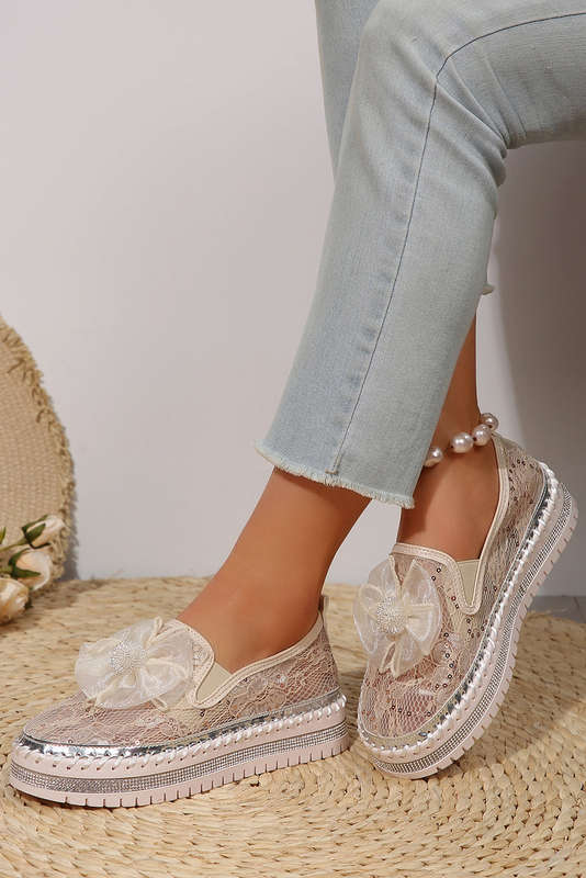 White Glossy Bow Decor Breathable Lace Loafer Shoes