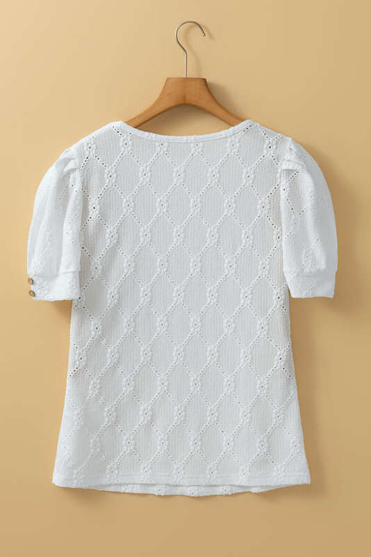 White Flower Geometric Textured Button Short Sleeve Top