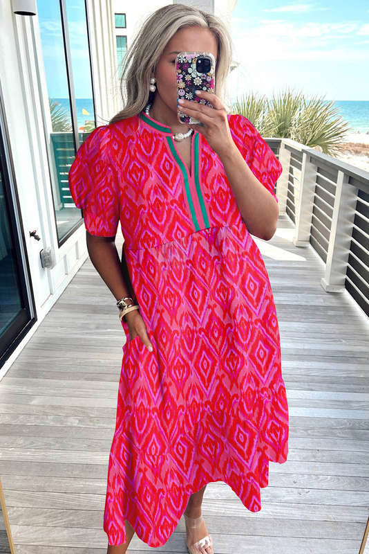 Red Allover Print Contrast Split Neckline Short Puff Sleeve Curvy Dress