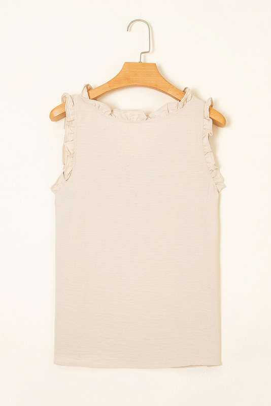 Parchment Textured Frilly Trim V Neck Sleeveless Top