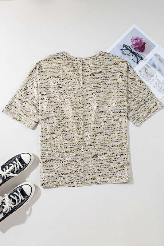 Gray Leopard Print Half Sleeve V Neck Loose Fit T Shirt