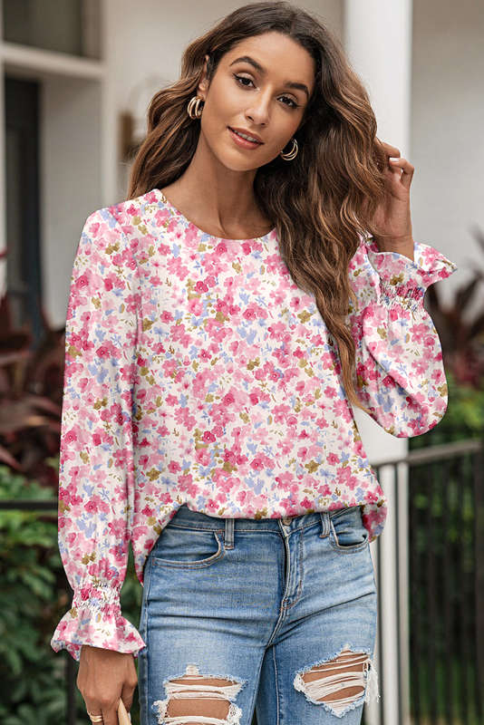 Red Floral Print Sweet Lantern Long Sleeve Blouse