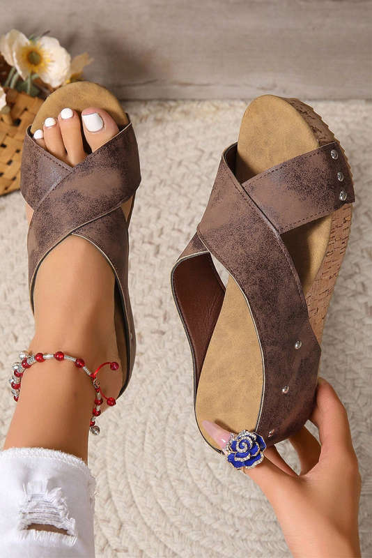 Coffee Criss Cross Cut Out PU Leather Wedge Slippers
