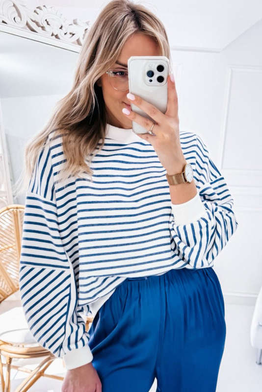 Blue V-Neck Knitted Summer Top with Exposed Seams