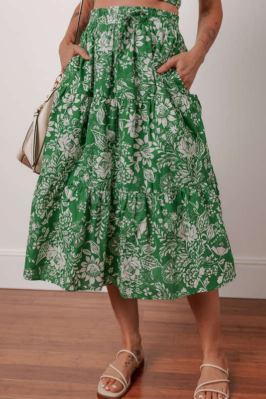 Green Floral Print Shirred Crop Top and High Waist Midi Skirt Set