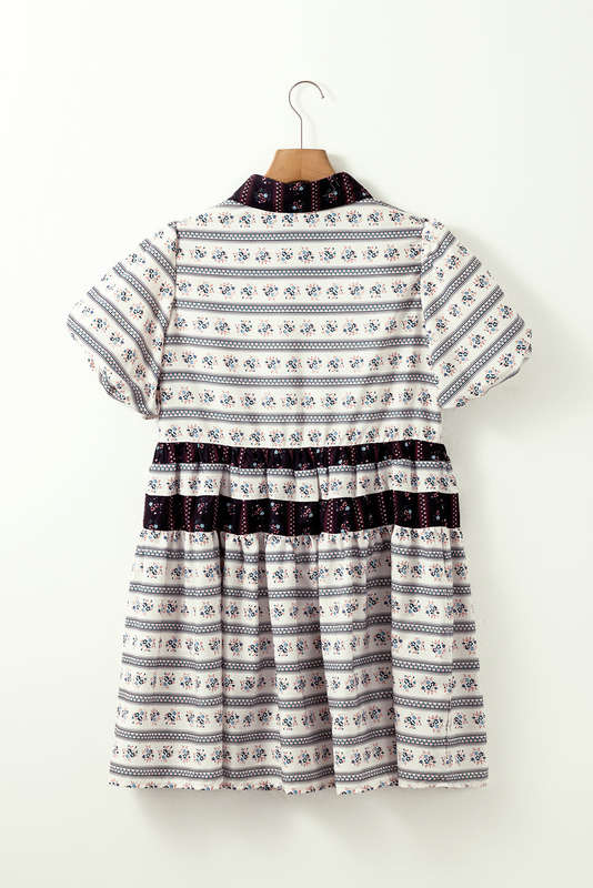 Black Boho Floral Striped Contrast Trim Bubble Sleeve Flared Dress