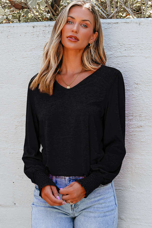 Black Shirred Shoulder Frilled Cuffs Long Sleeve Top