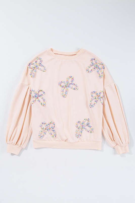 Parchment Embroidered Bow Lantern Sleeve Oversized Pullover Sweatshirt