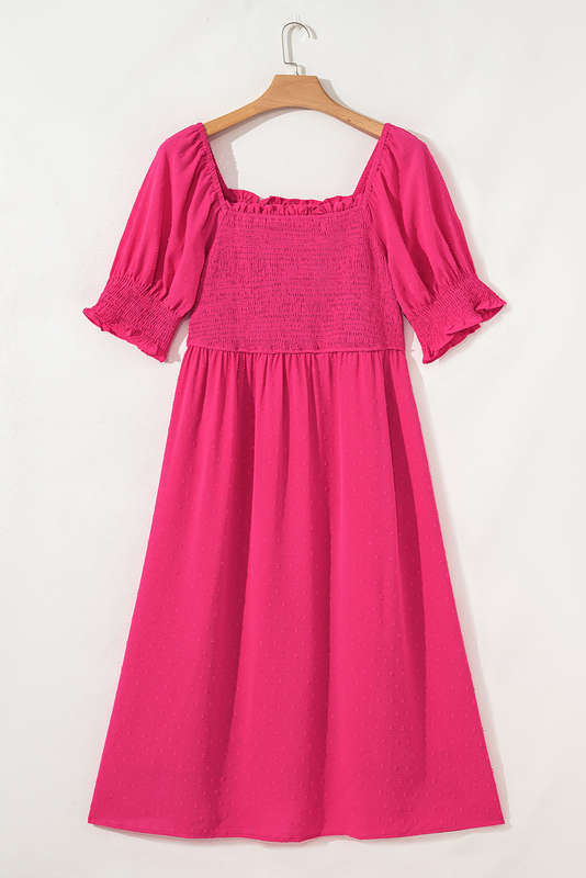 Sachet Pink Swiss Dot Smocked Frilled Neckline Short Sleeve Plus Size Dress