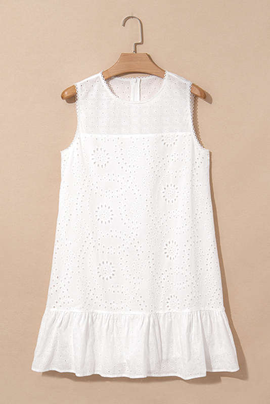 White Floral Eyelet Embroidered Sleeveless Shift Dress