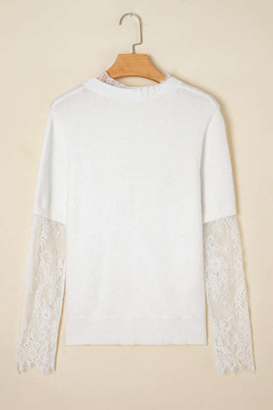 Beige Lace Sleeve Patchwork Faux Two-piece Fuzzy Sweater