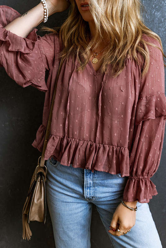 Red Swiss Dot Lace up V Neck Ruffled Blouse