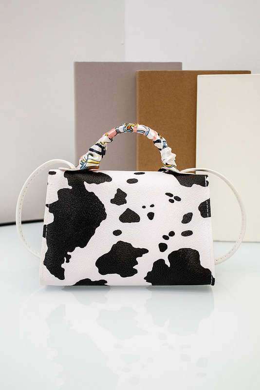 White Printed Ribbon Decor Cow Spots PU Leather Bag
