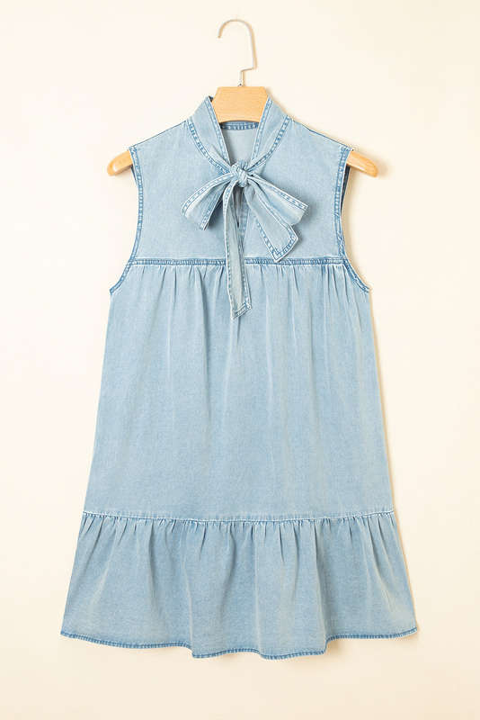 Beau Blue Bowknot Neck Sleeveless Ruffled Chambray Dress