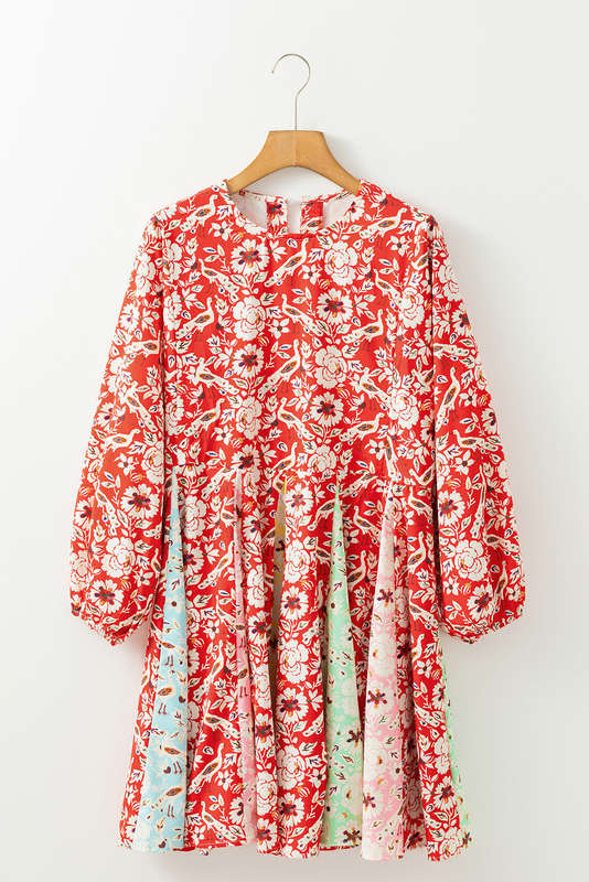 Red Colorful Floral Patchwork Long Sleeve Pleated Mini Dress