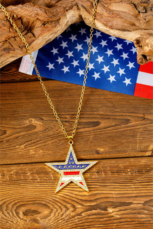 Gold Rhinestone American Flag Star Necklace